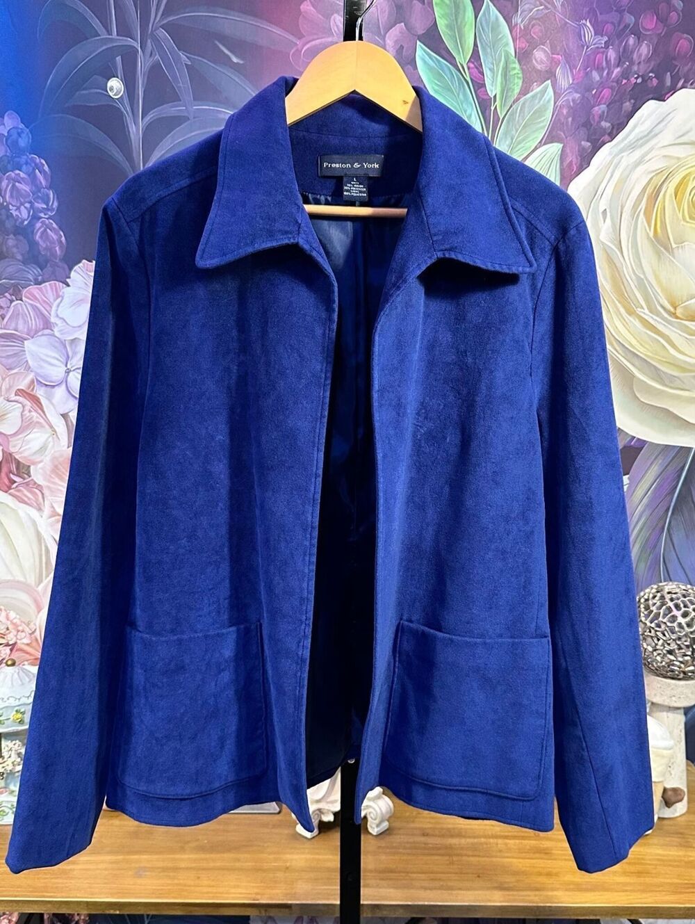 Preston & York L Blazer Jacket Blue Rayon Polyester Blend Open Front Pockets